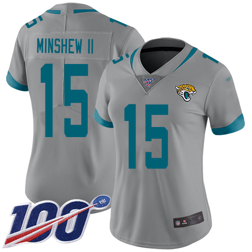 Nike Jacksonville Jaguars 15 Gardner Minshew II Silver Women Stitched NFL Limited Inverted Legend 100th Season Jersey